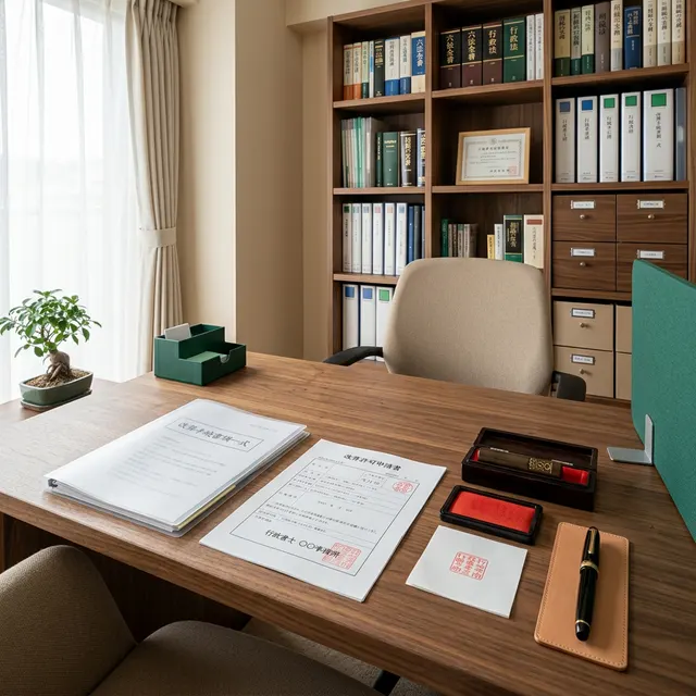 デスクの上に整然と置かれた書類と万年筆